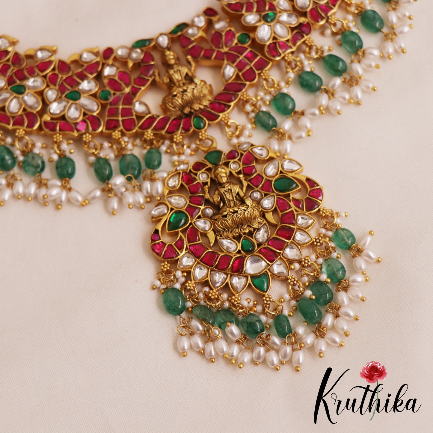Premium Antique Lakshmi Motifs Jadau Necklace With Green Bead Drops NC2853