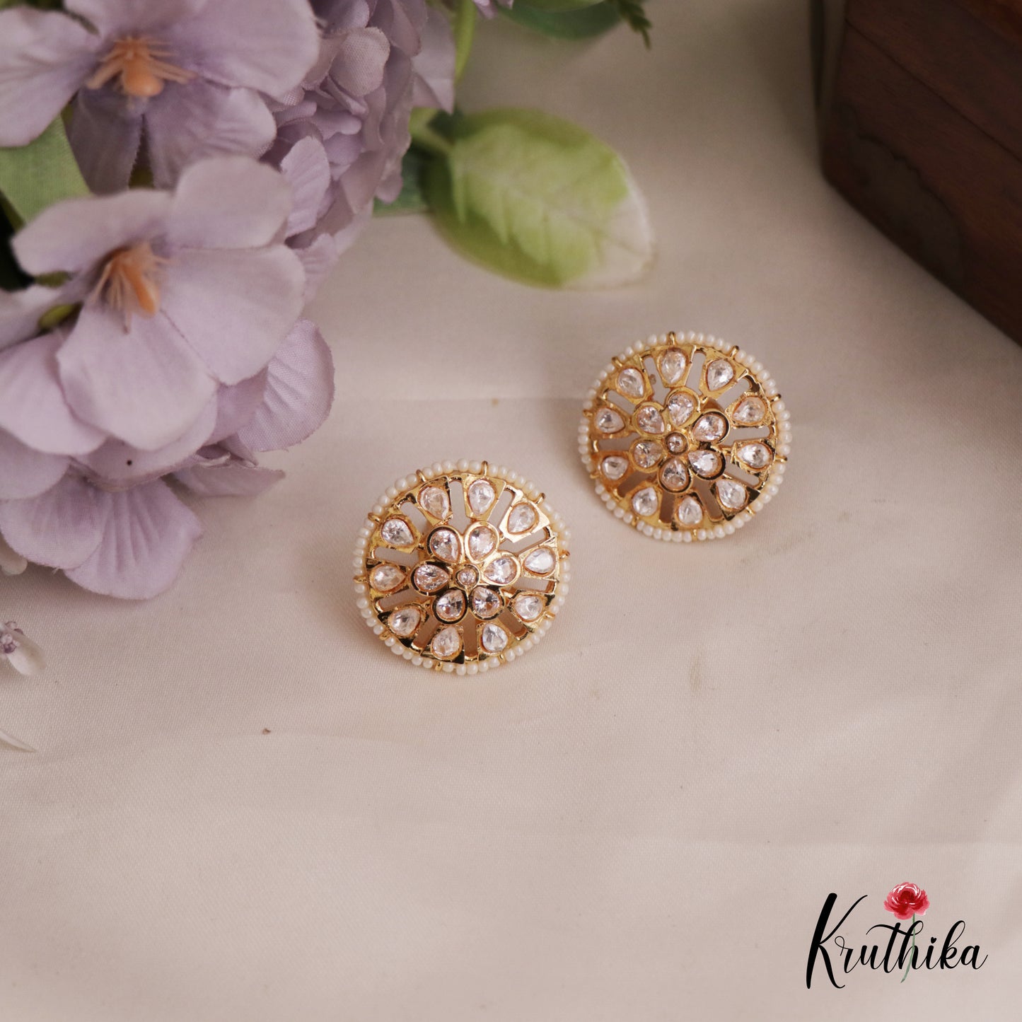 Trendy Pearl Border Floral Motifs AD Stud Earrings E991 (Available In 6 Colors)