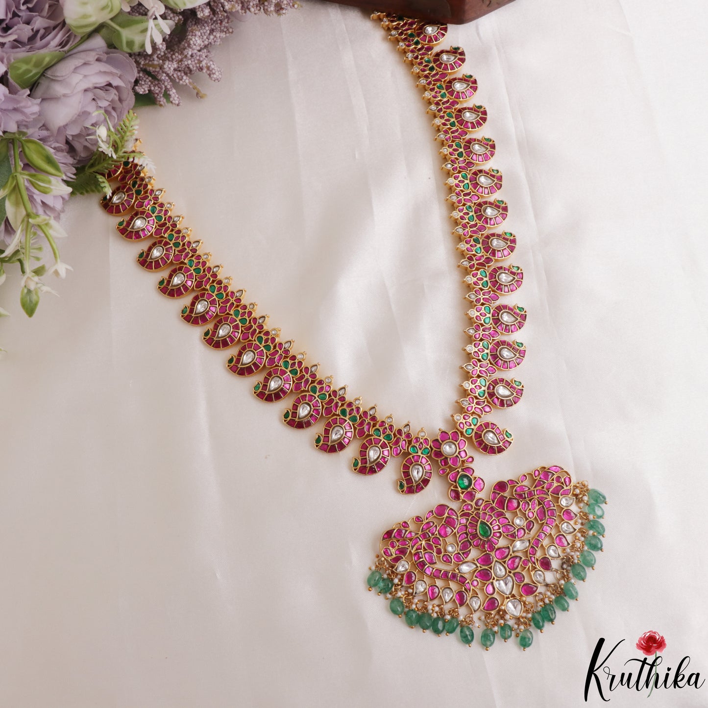 Stunning Mango Peacock Motifs Jadau Haaram With Green Bead Drops LH2145