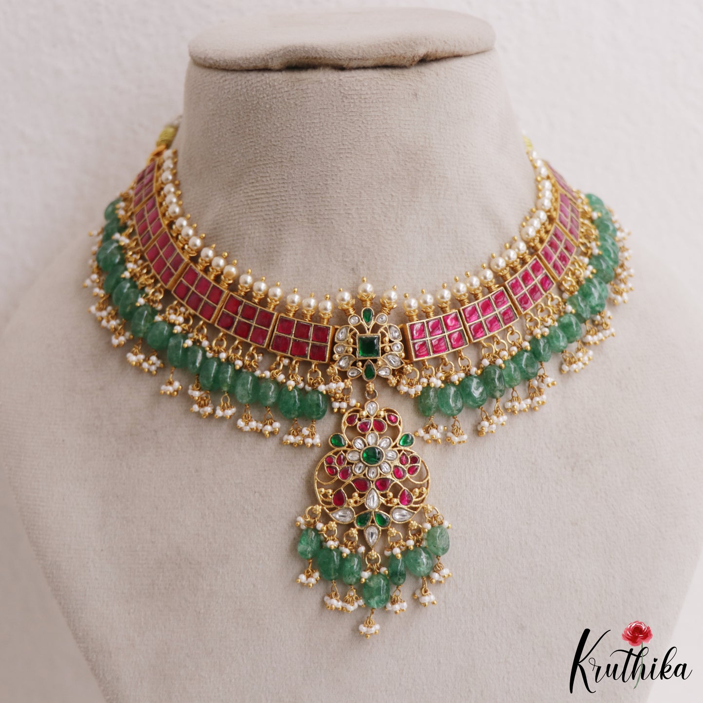 Premium Floral Motifs Jadau Choker With Green Bead Drops NC2979