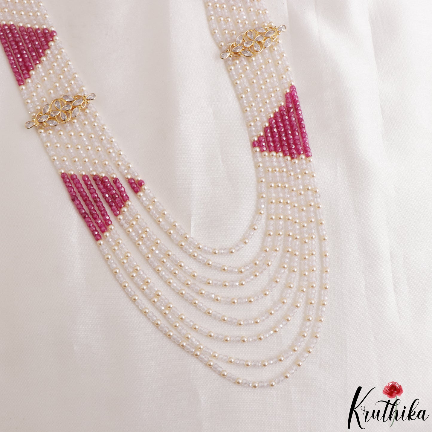 Stunning Multi Layered Crystal & Pearl Haaram With Floral Accents LH2153 (Available In 3 Colors)