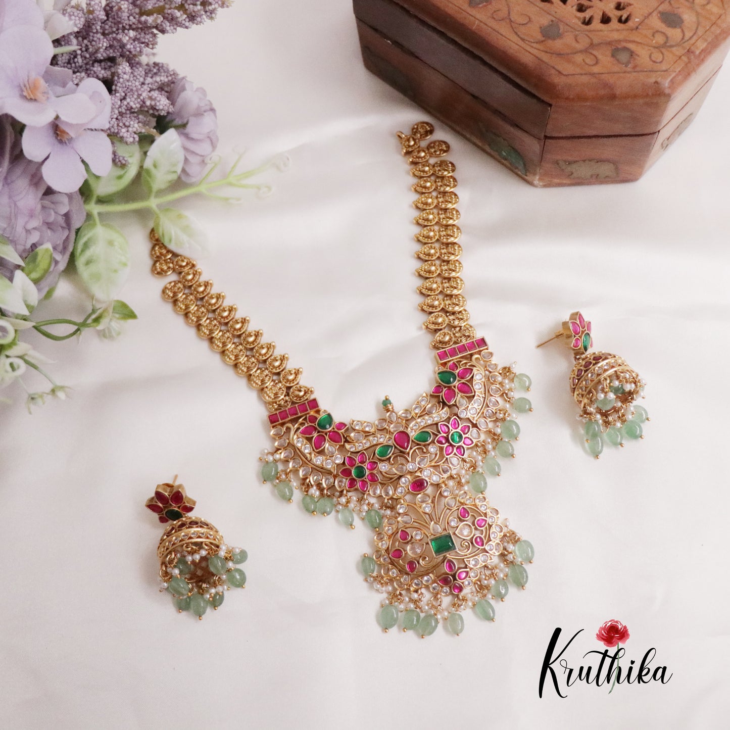 Grand Bridal Kasu Jadau Pendant Necklace with Pastel Green Beads Drops NC2246