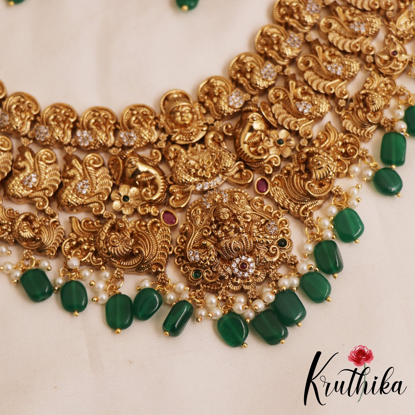 Stunning Antique Nagas Lakshmi Peacock Motifs Temple Choker With Green Bead Drops NC2889