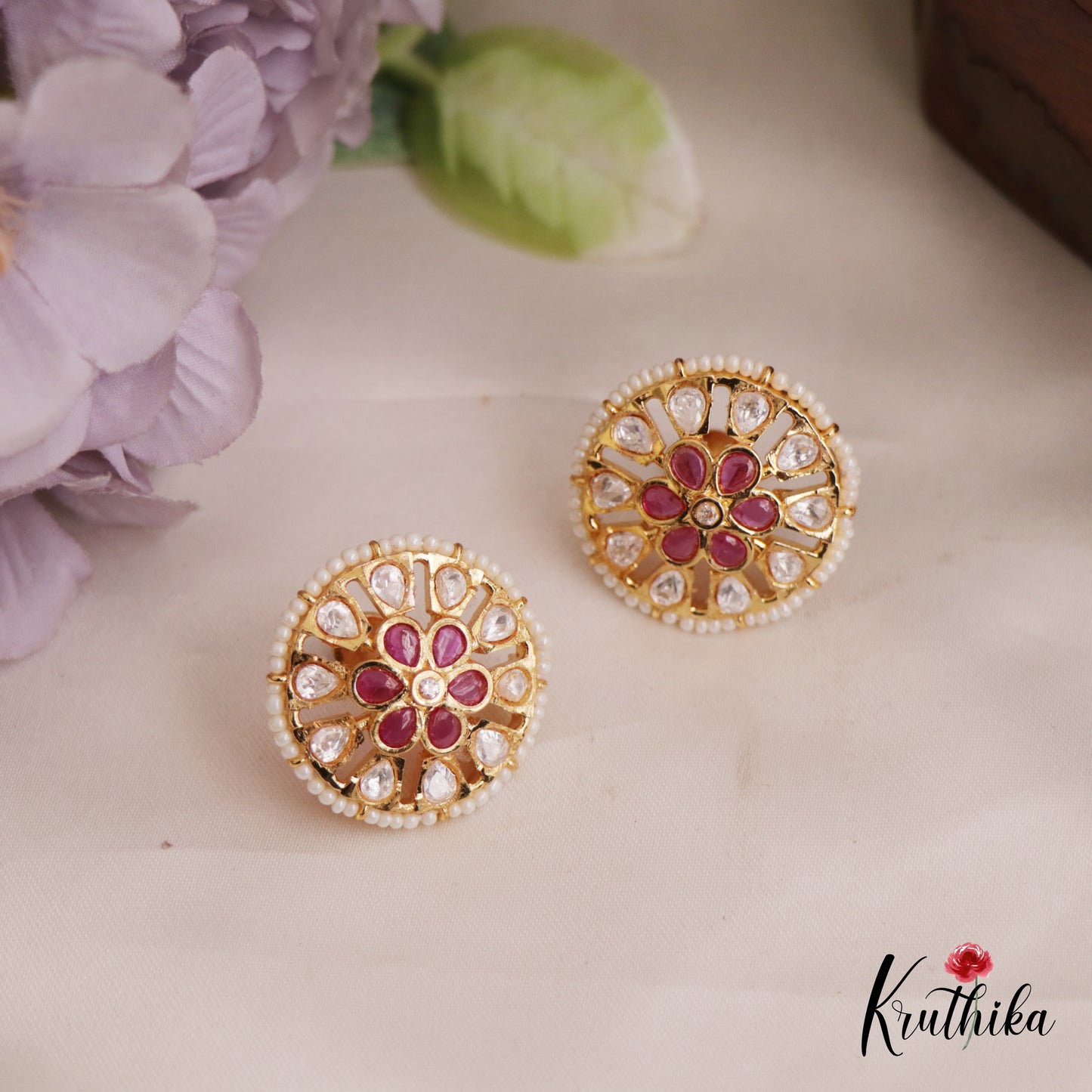 Trendy Pearl Border Floral Motifs AD Stud Earrings E991 (Available In 6 Colors)