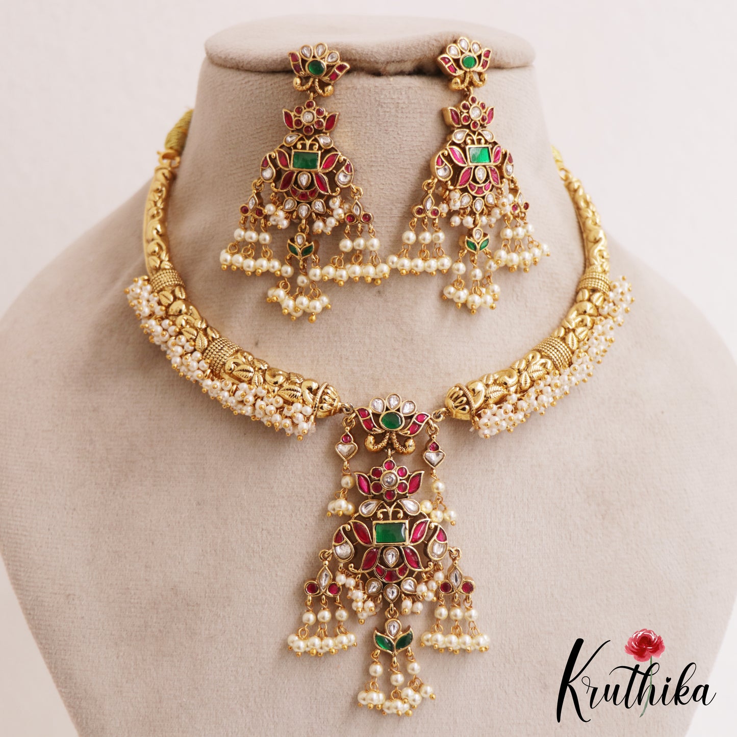 Premium Antique Leaf Motifs Pearl Hangings Jadau Necklace NC2799