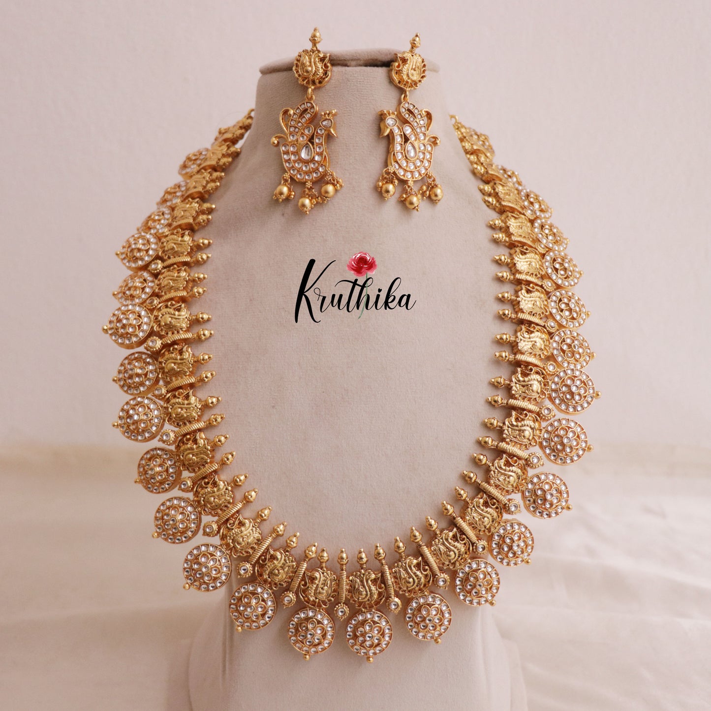 Premium Kundan stone Elegant Temple Lakshmi Haaram with Pastel Green Beads LH1870 with peacock design LH1859