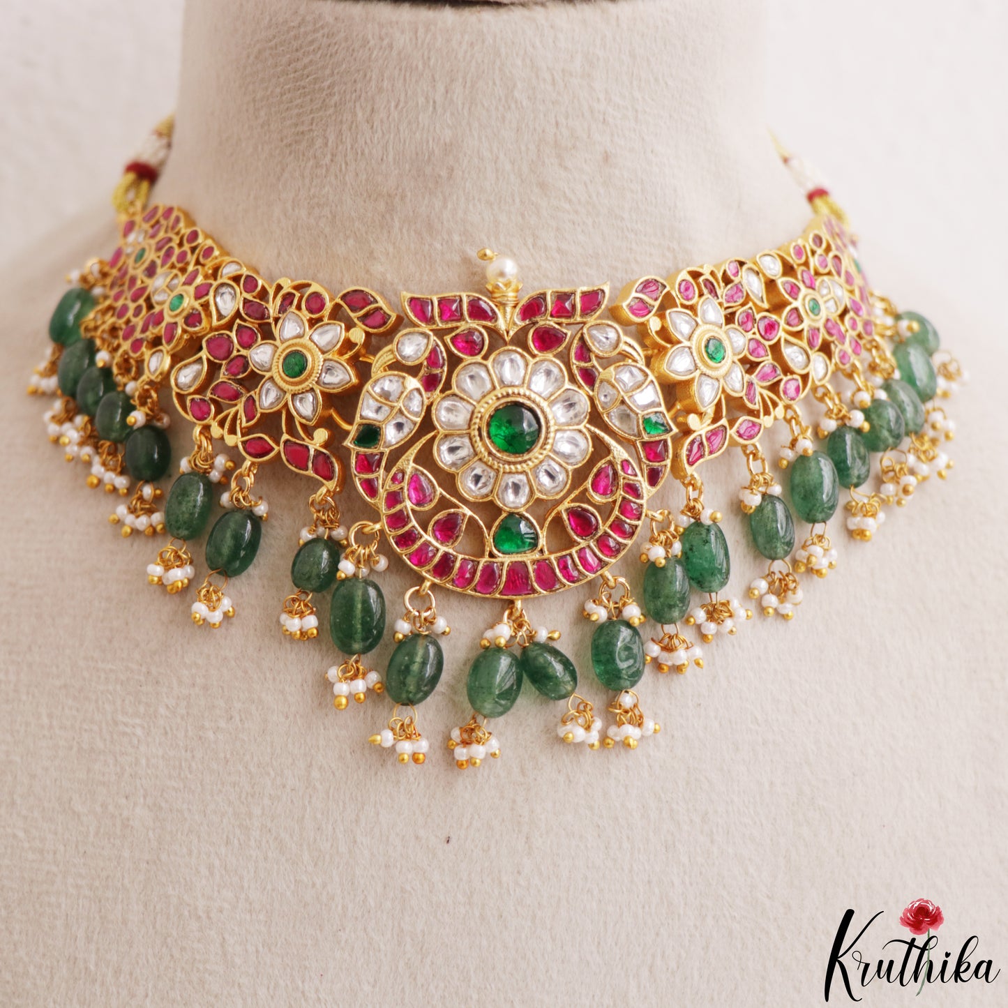 Premium Floral Peacock Motifs Jadau Choker With Green Bead Drops NC3214
