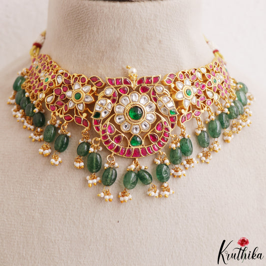 Premium Floral Peacock Motifs Jadau Choker With Green Bead Drops NC3214