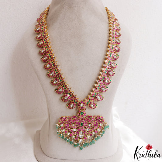 Stunning Mango Peacock Motifs Jadau Haaram With Green Bead Drops LH2145
