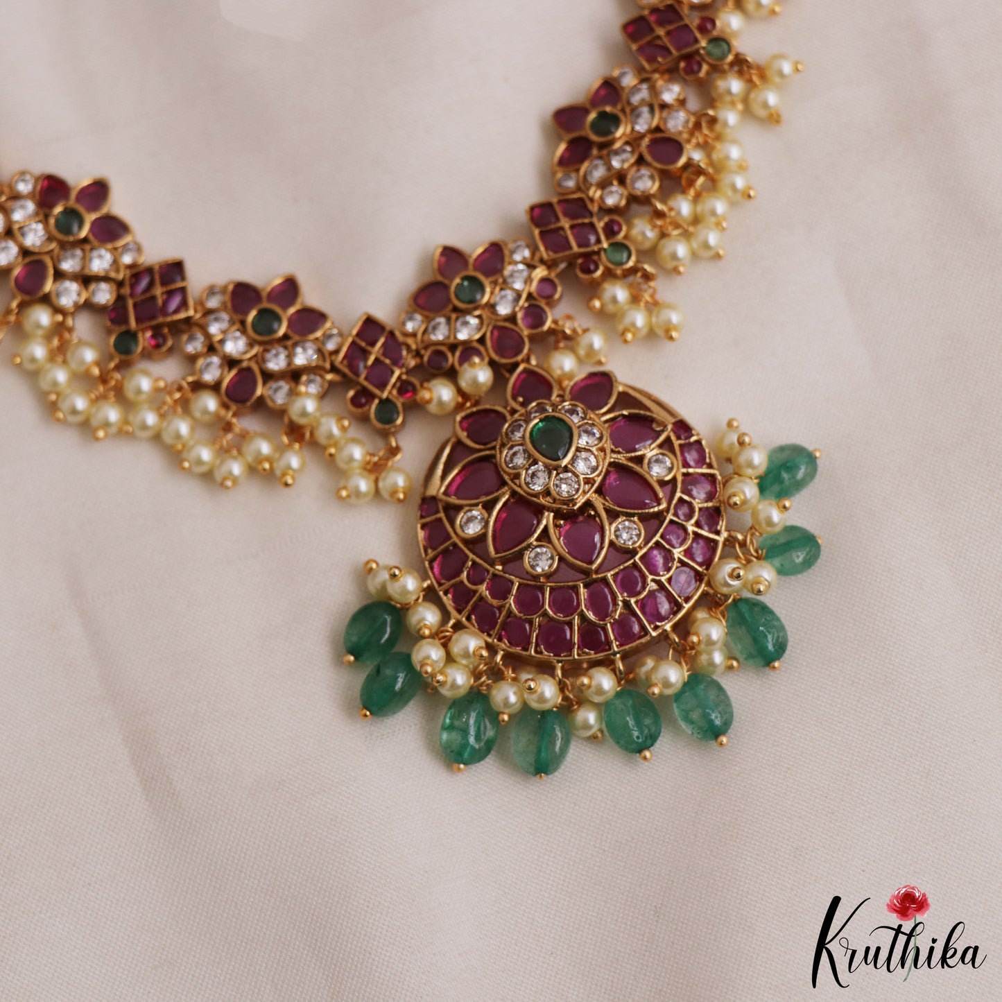 Stunning Floral Motifs Guttapoosalu Necklace With Green Bead Drops NC2961