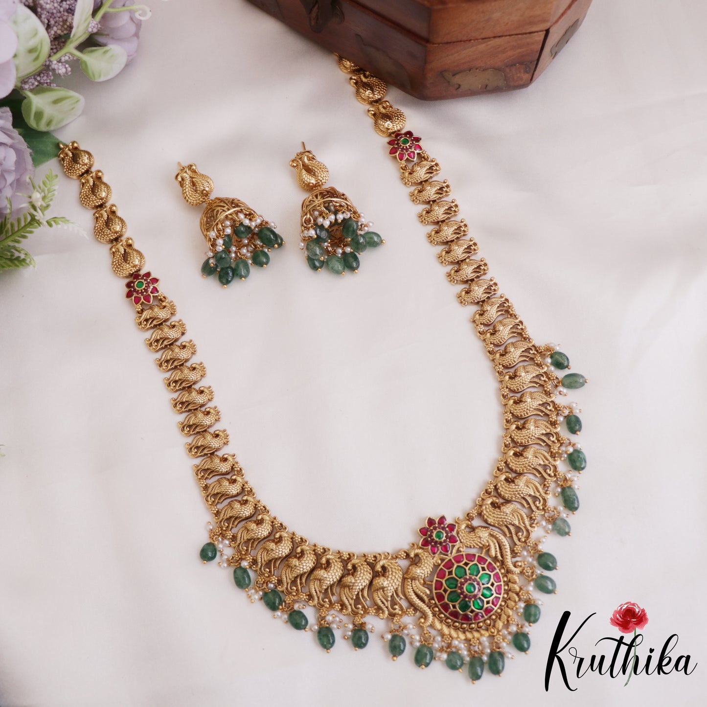 Gorgeous Antique Floral Peacock Motifs Jadau Haaram With Bead Drops LH2048 (Available In 4 Colors)