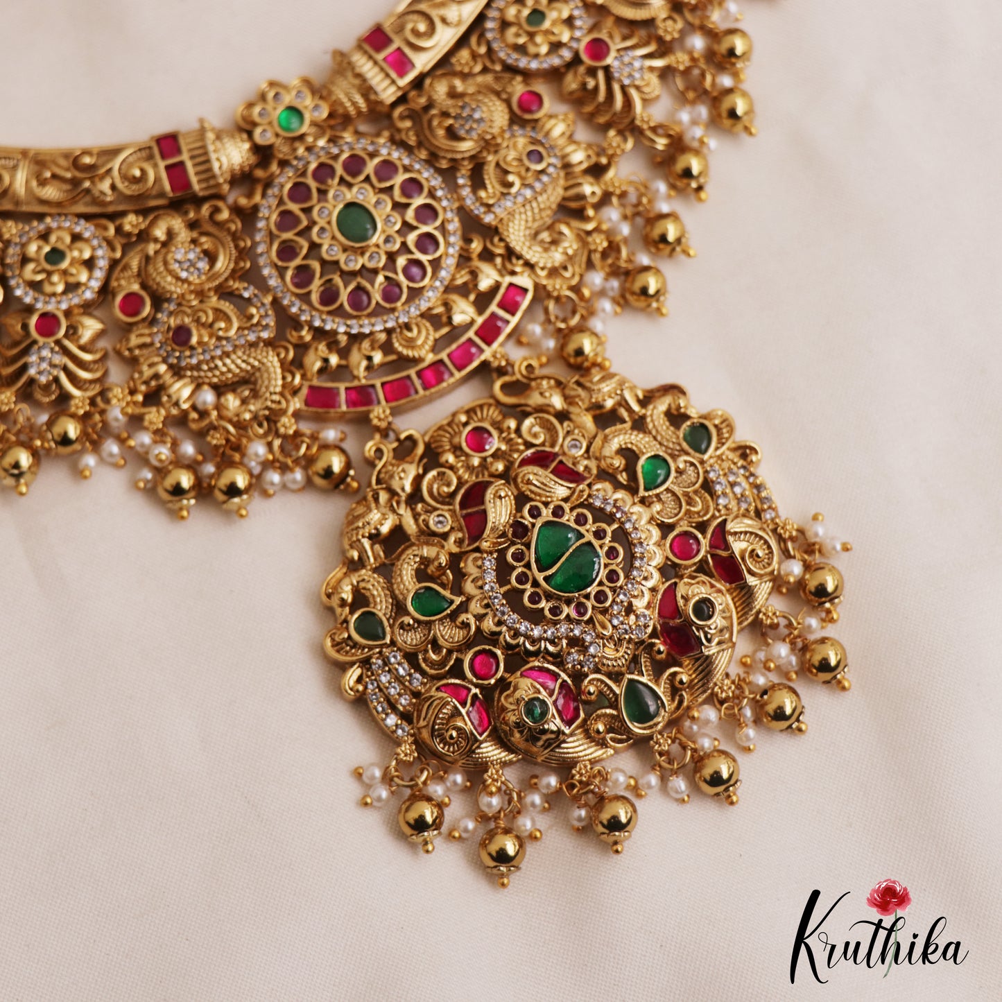 Premium Antique Floral Peacock Motifs Jadau Necklace With Pearl Bead Drops NC2986