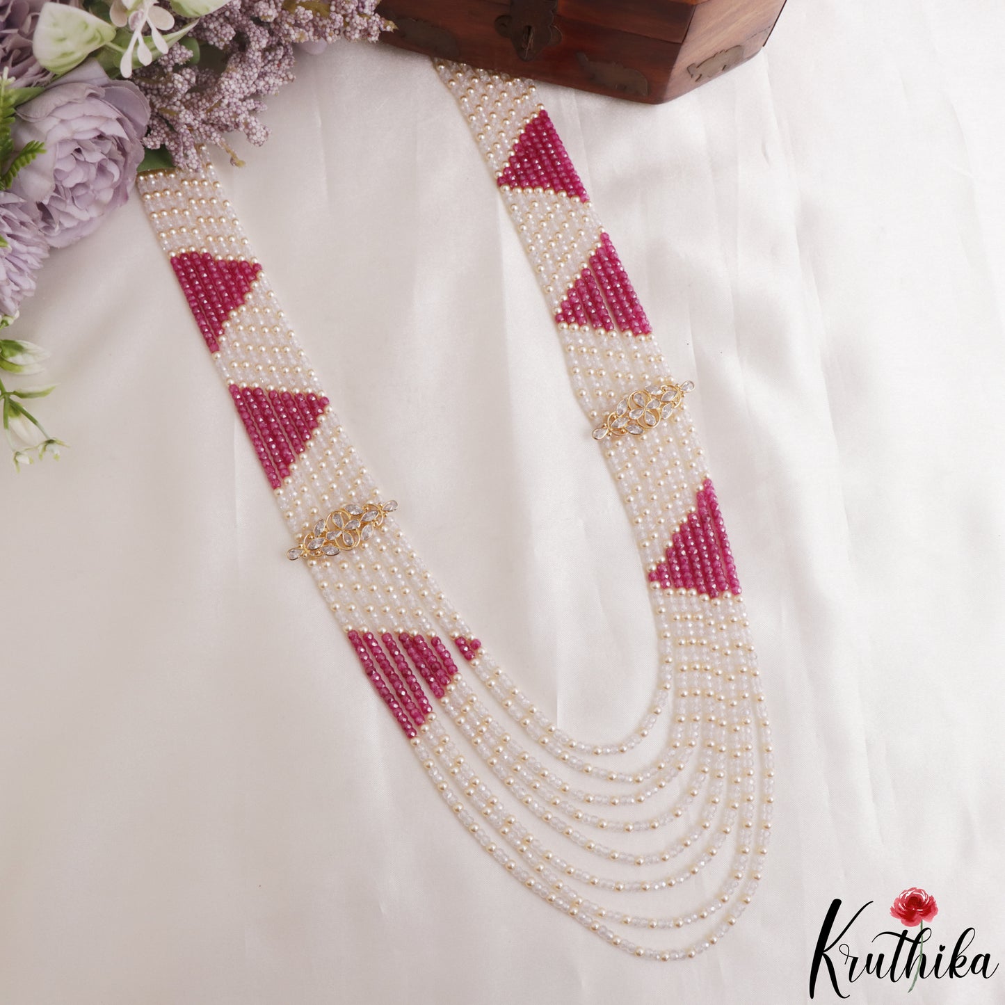 Stunning Multi Layered Crystal & Pearl Haaram With Floral Accents LH2153 (Available In 3 Colors)
