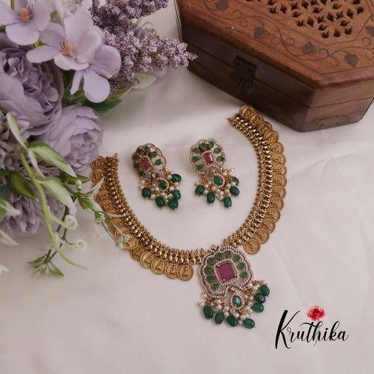 Grand Lakshmi Coin Necklace with Victorian Pendant Green Beads Drops NC2315