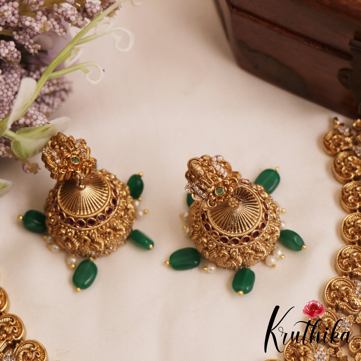 Stunning Antique Nagas Lakshmi Peacock Motifs Temple Choker With Green Bead Drops NC2889