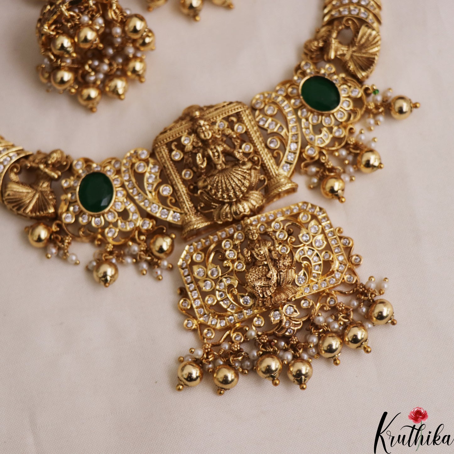 Stunning Antique Lakshmi Floral Motifs Necklace With Bead Drops NC2940 (Available In 2 Colors)