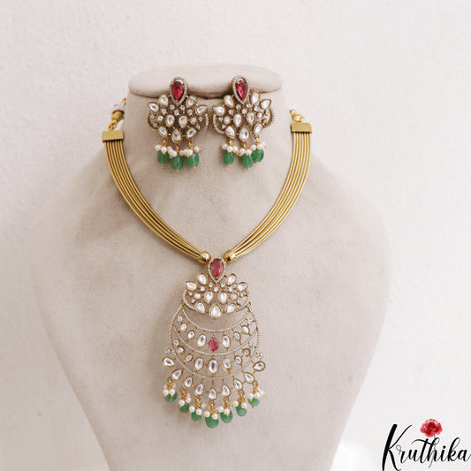 Sparkling Teardrop Motifs Hasli CZ Necklace With Green Bead Drops NC3077