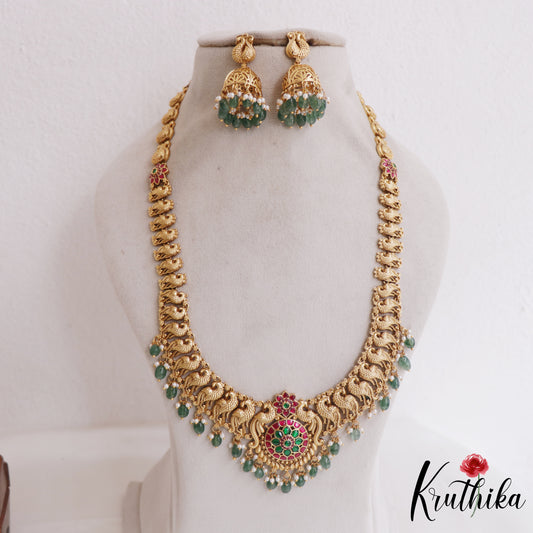 Gorgeous Antique Floral Peacock Motifs Jadau Haaram With Bead Drops LH2048 (Available In 4 Colors)