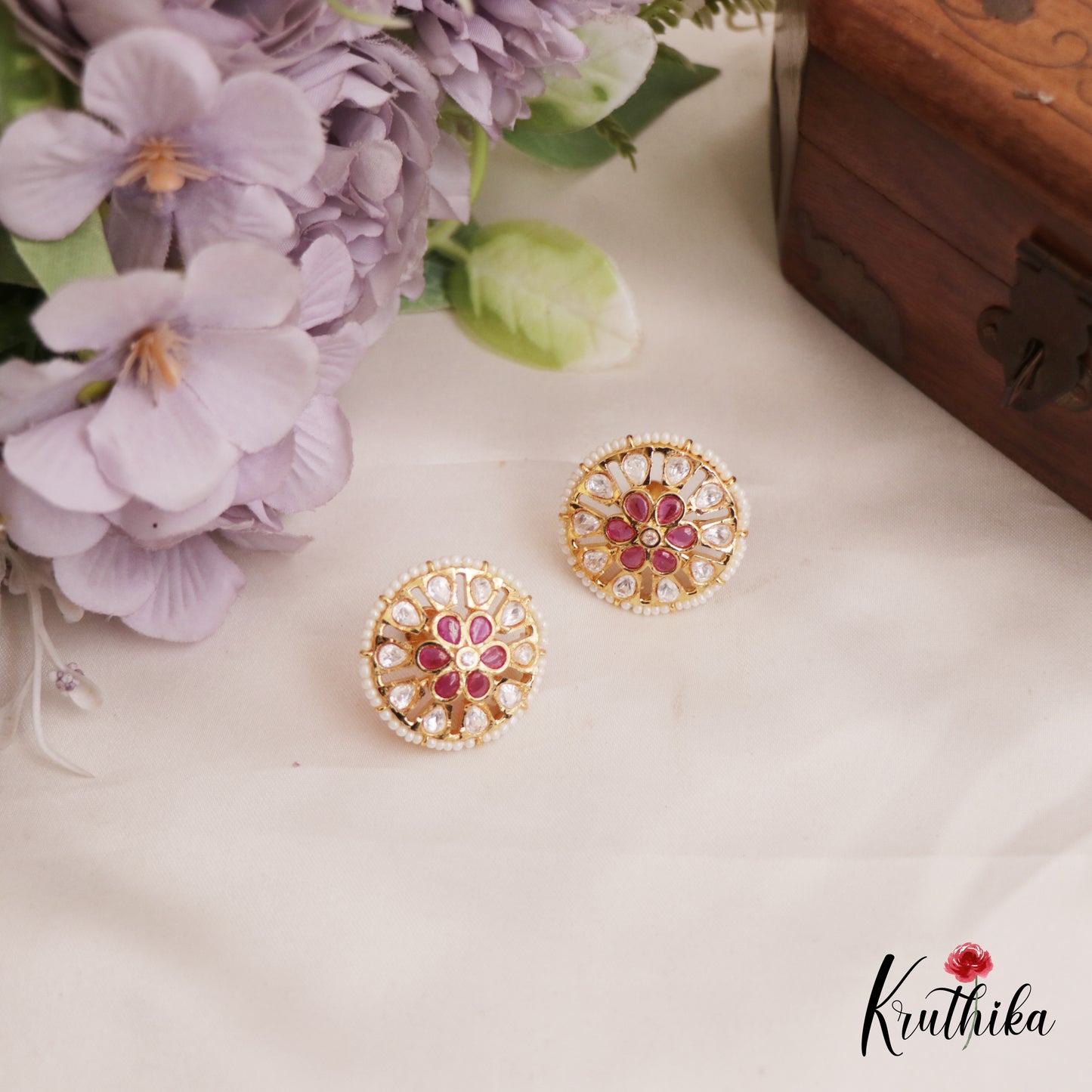 Trendy Pearl Border Floral Motifs AD Stud Earrings E991 (Available In 6 Colors)