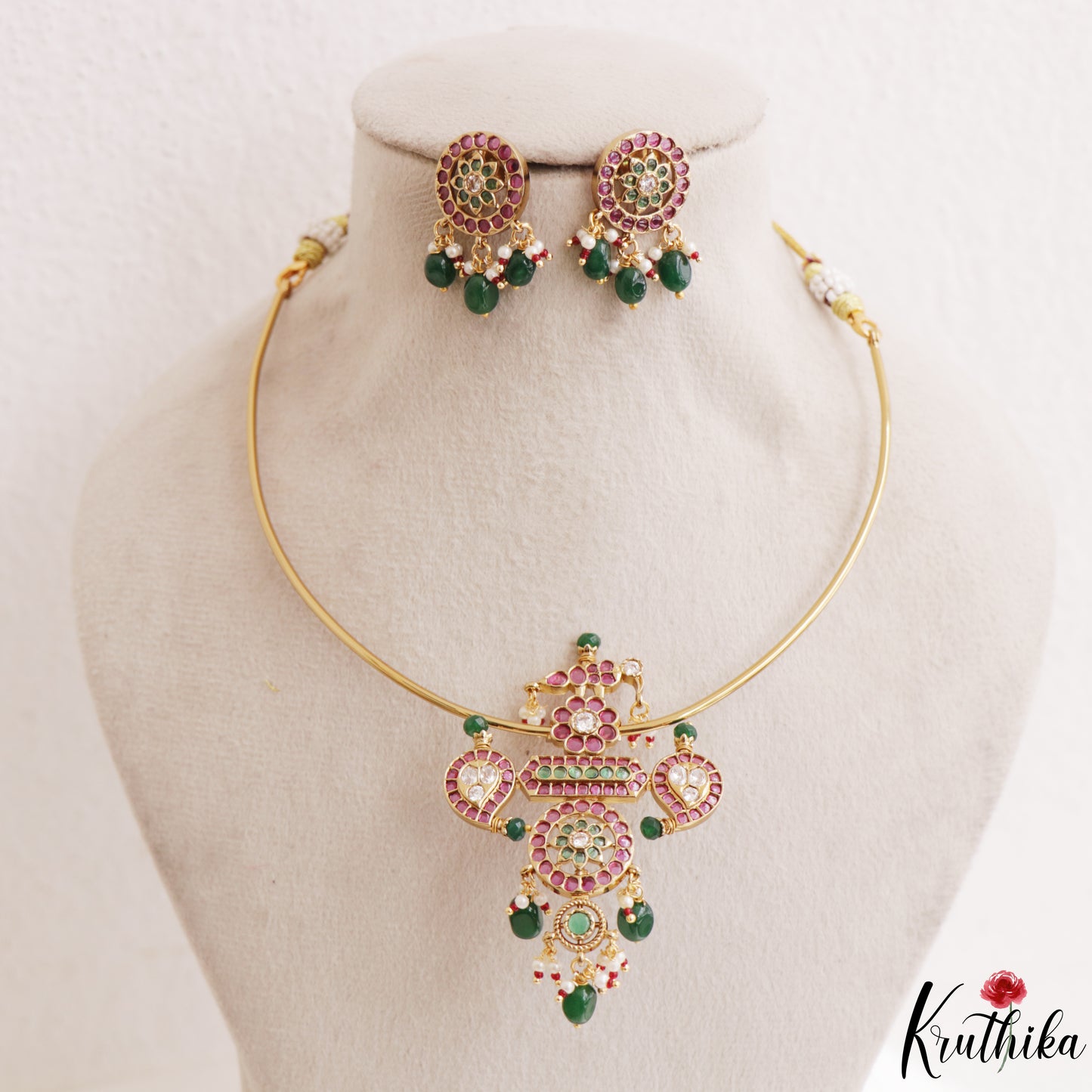 Elegant Floral Mango Motifs Kemp Hasli Choker With Pearl Bead Drops NC3259 (Available In 3 Colors)