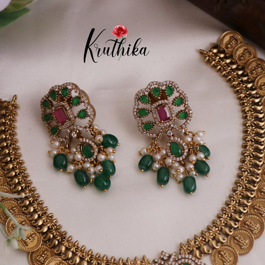 Grand Lakshmi Coin Necklace with Victorian Pendant Green Beads Drops NC2315