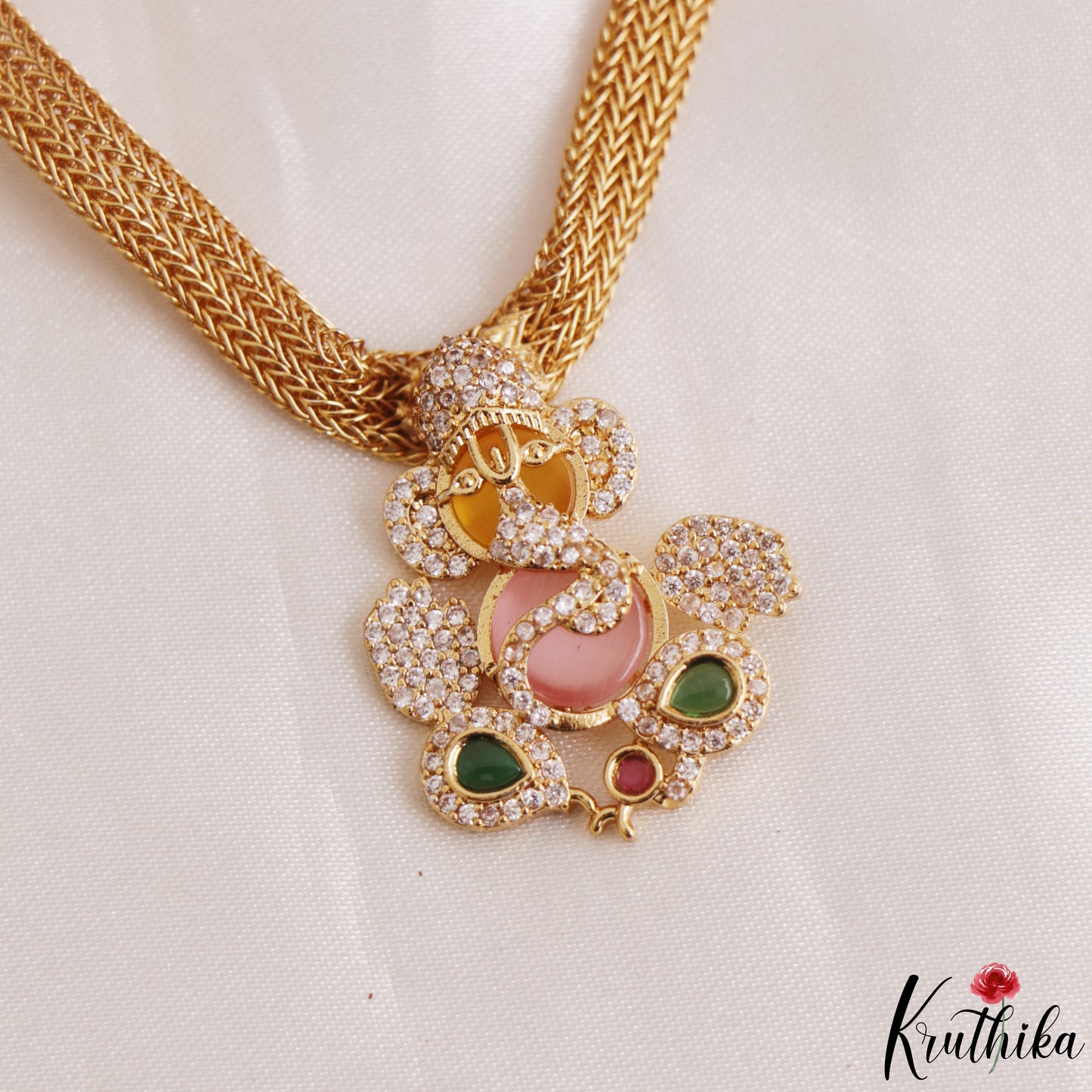Beautiful Lord Ganesha Motifs CZ Victorian Pendant Chain Set NC3153