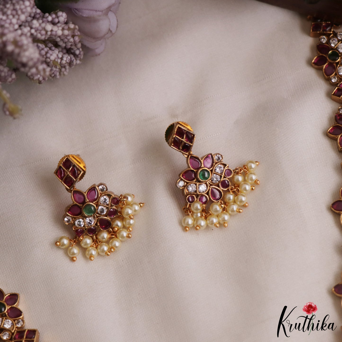 Stunning Floral Motifs Guttapoosalu Necklace With Green Bead Drops NC2961