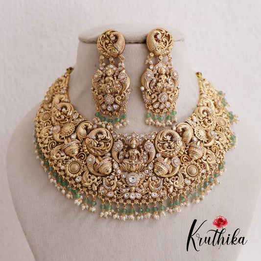 Premium Bridal Lakshmi Bead And Pearl Drops Nakshi Choker Set With Maang Tikka NC2587 (Available In 2 Colors)