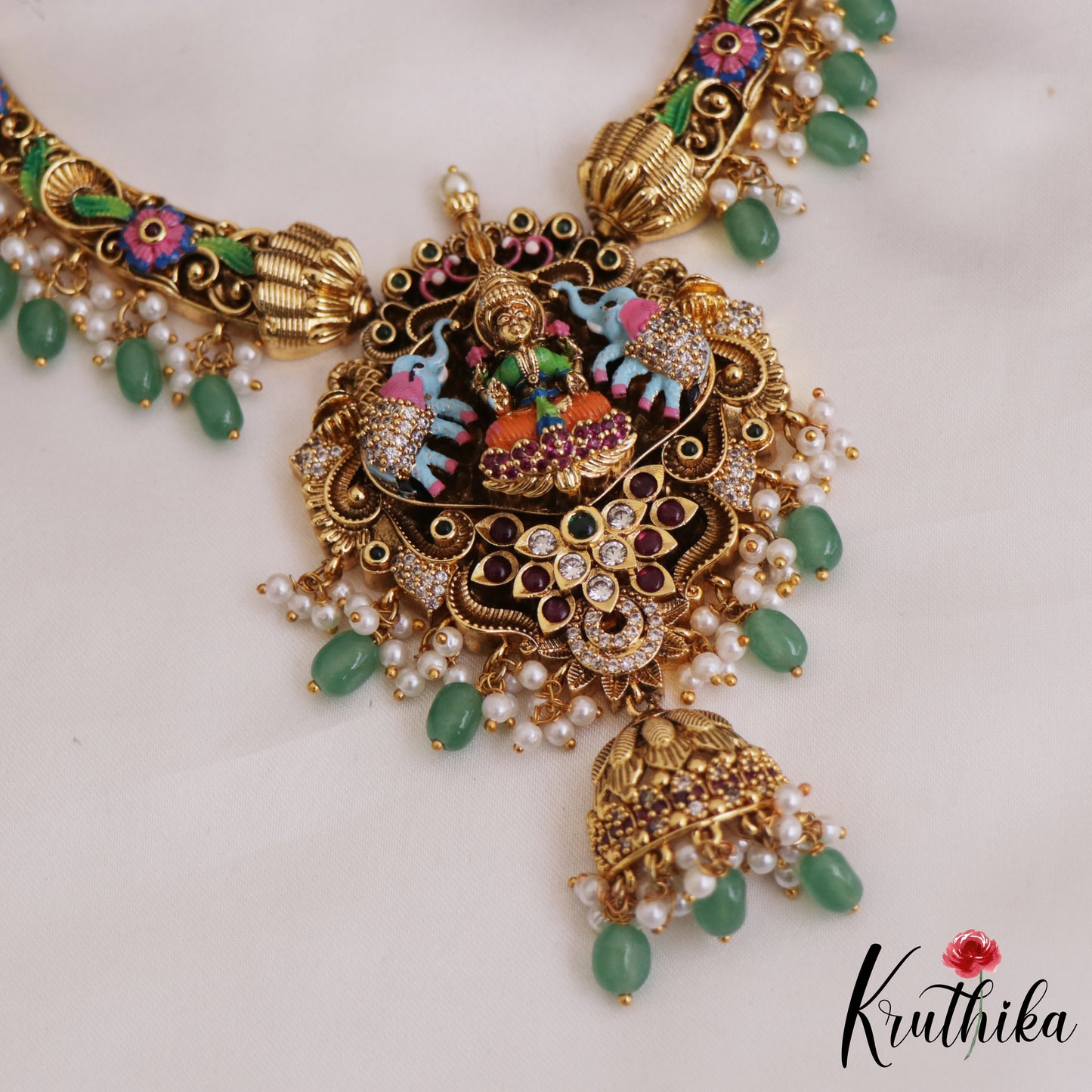 Gorgeous Hand Painted Lakshmi Motifs Necklace With Green Bead Drops NC2713