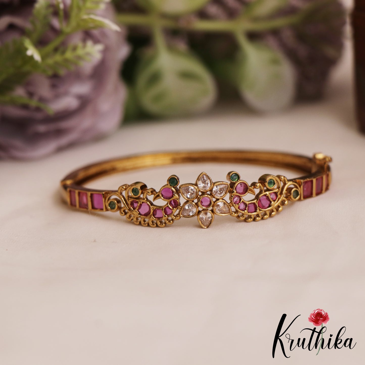 Elegant Floral Peacock Motifs Openable Single Kada B500