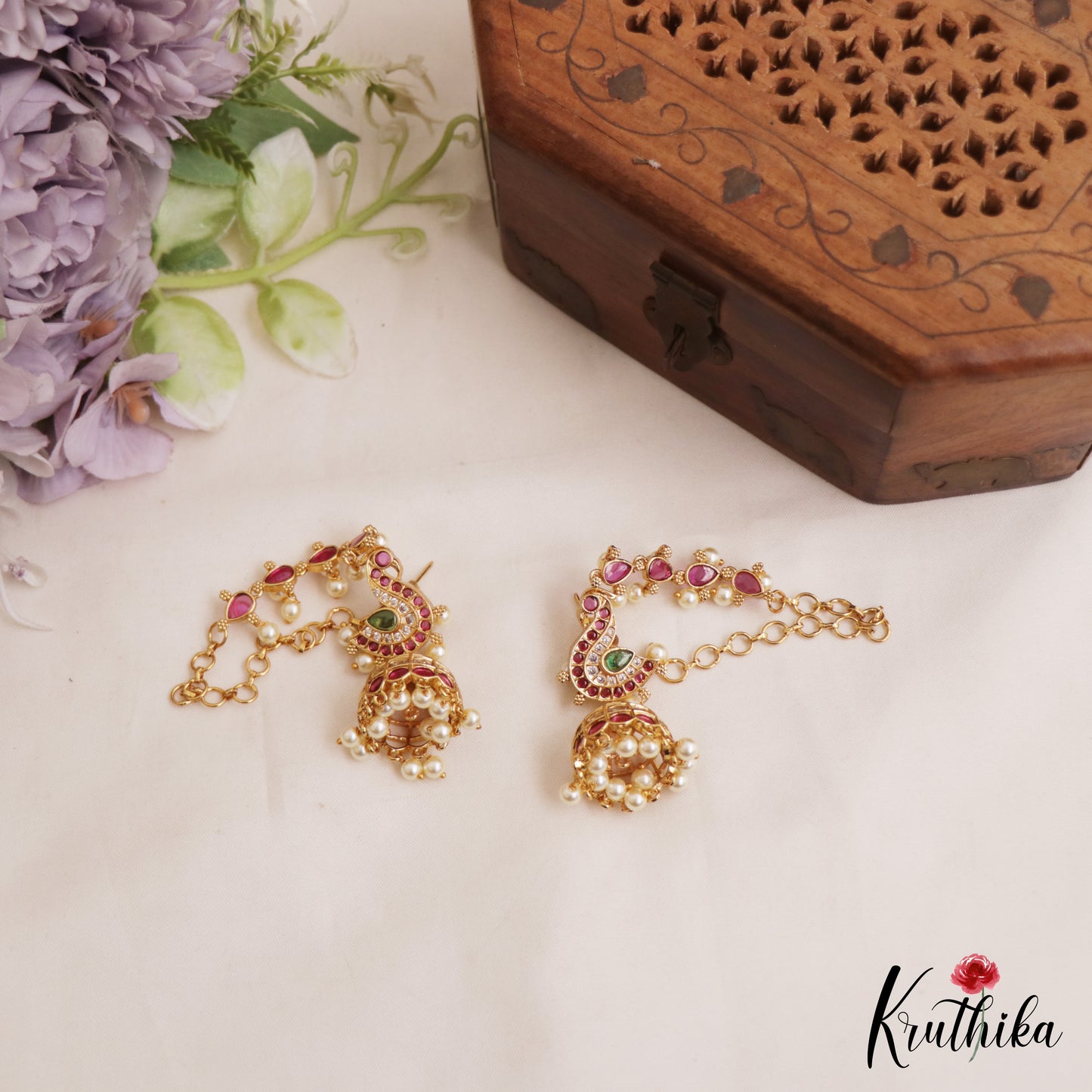 Gorgeous Peacock Motifs Jhumkas With Kemp Teardrop Maatilu (Earchains) E1058