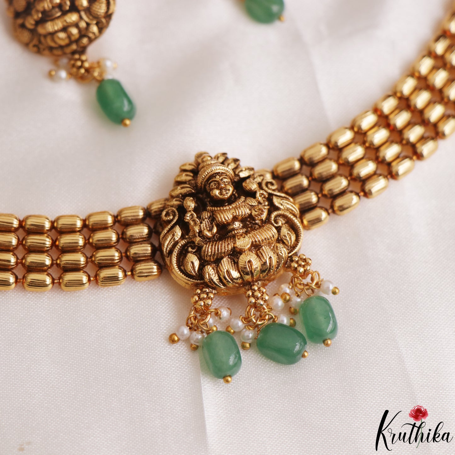 Premium Antique Nagas Lakshmi Motifs Choker With Green Bead Drops NC3111
