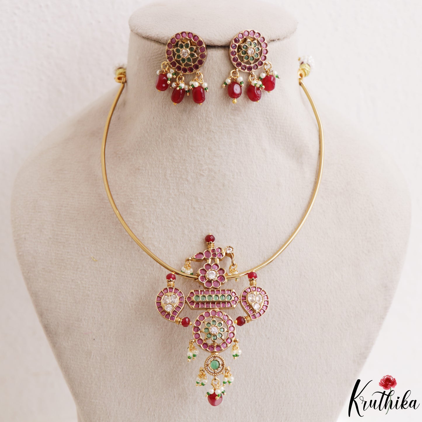 Elegant Floral Mango Motifs Kemp Hasli Choker With Pearl Bead Drops NC3259 (Available In 3 Colors)