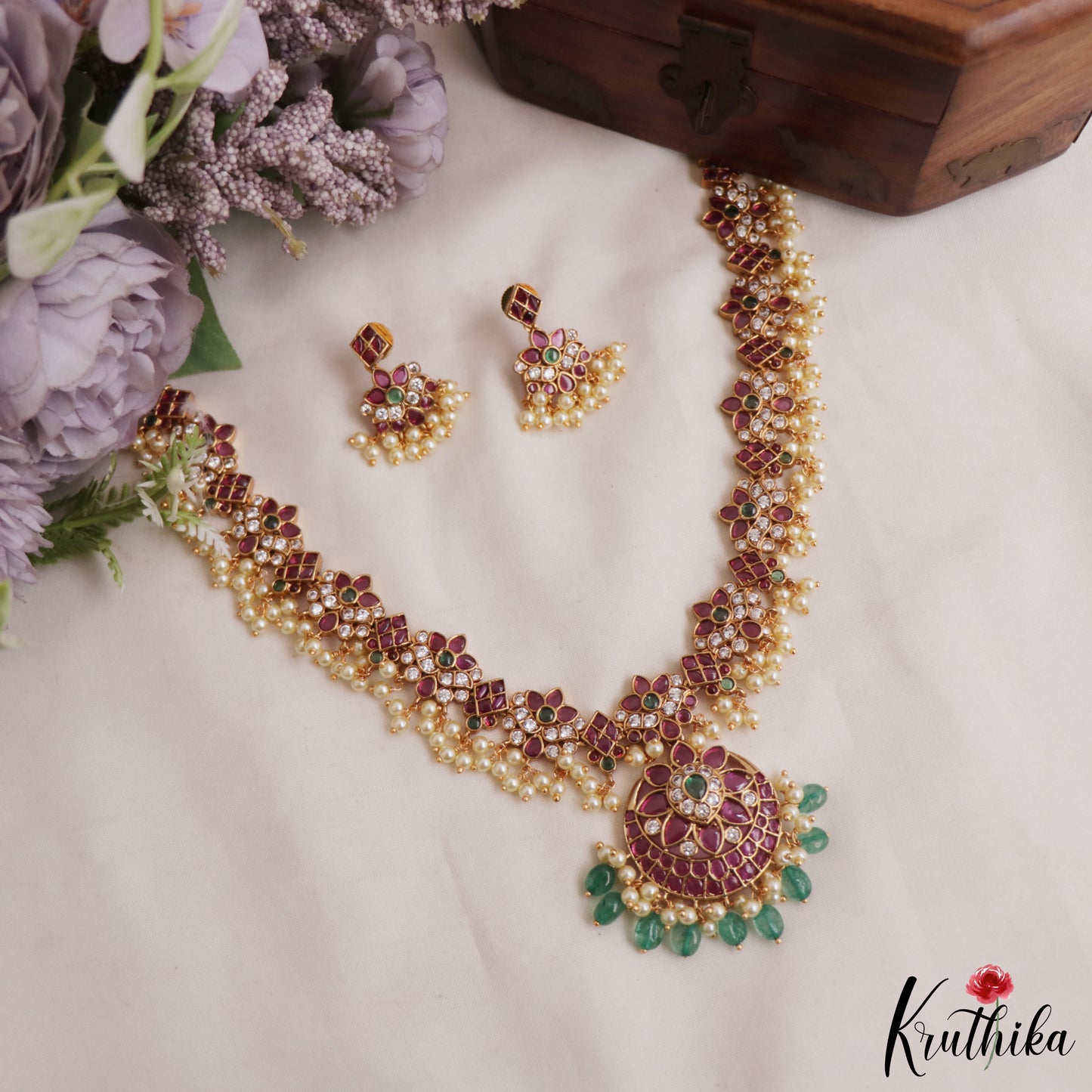 Stunning Floral Motifs Guttapoosalu Necklace With Green Bead Drops NC2961