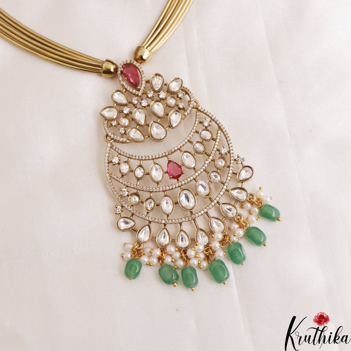Sparkling Teardrop Motifs Hasli CZ Necklace With Green Bead Drops NC3077