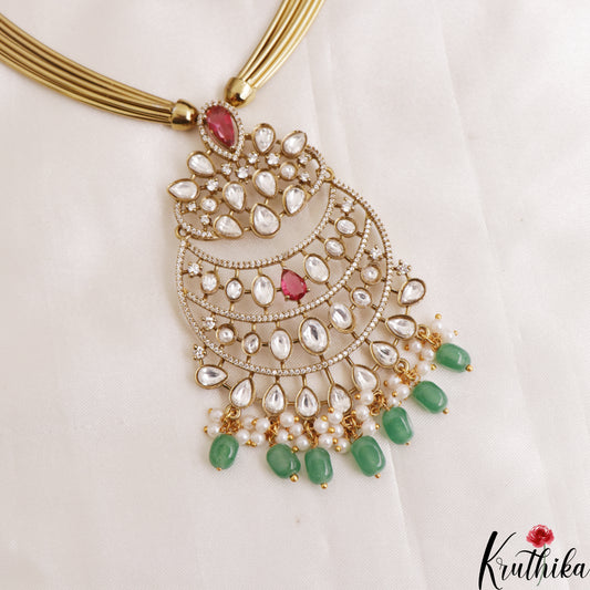 Sparkling Teardrop Motifs Hasli CZ Necklace With Green Bead Drops NC3077