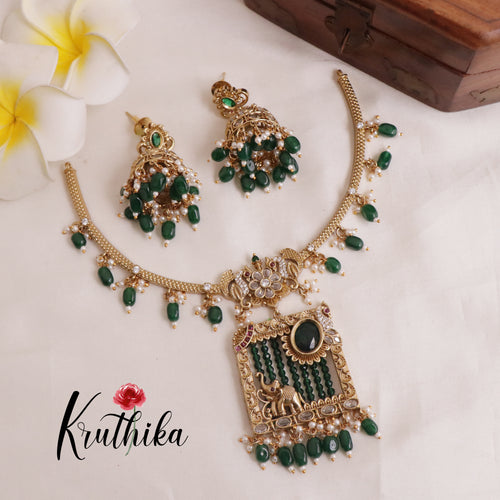 Antique Uncuts Green Beads Elephant Hasli/Kanti Necklace NC1988