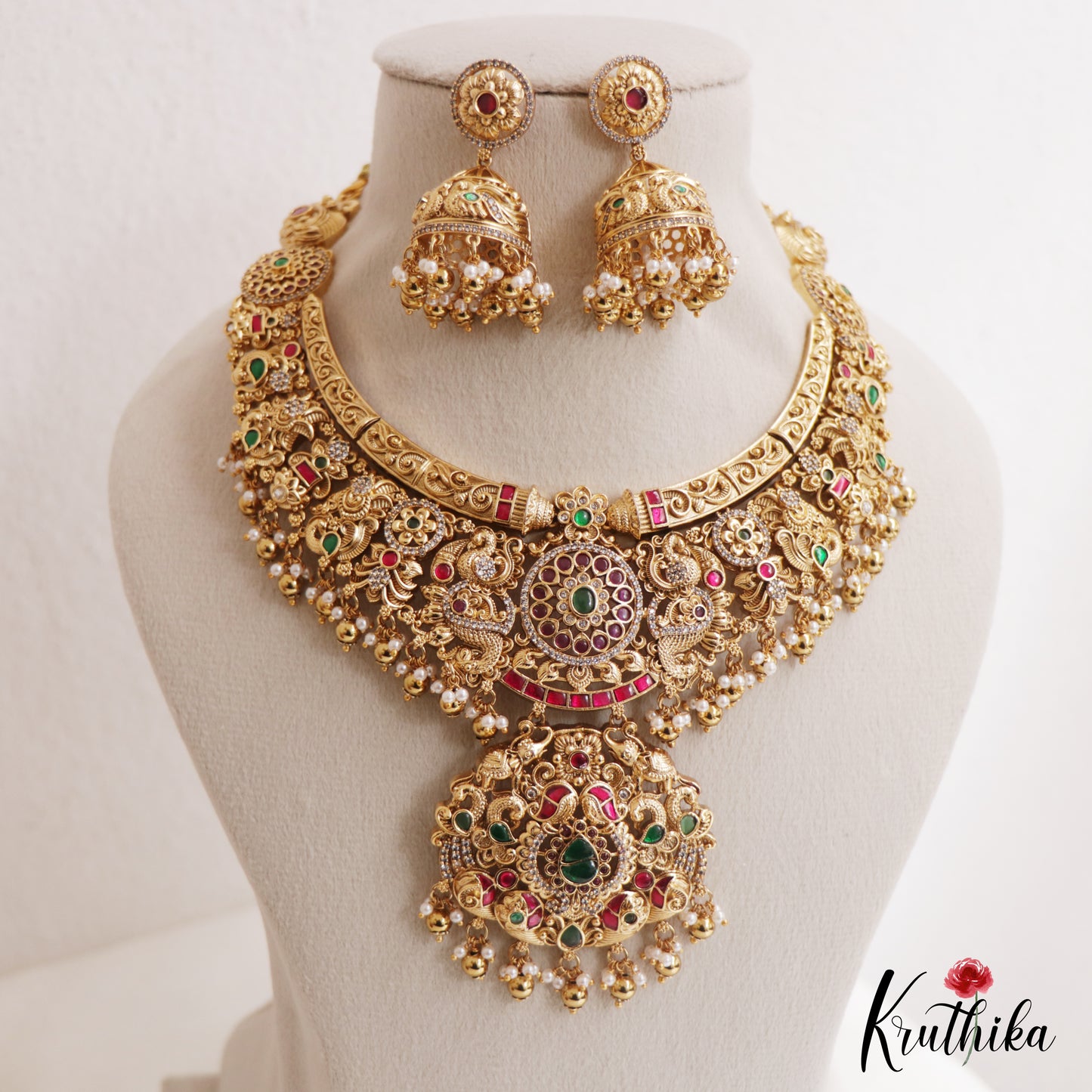 Premium Antique Floral Peacock Motifs Jadau Necklace With Pearl Bead Drops NC2986