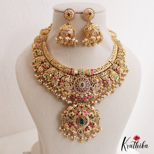 Premium Antique Floral Peacock Motifs Jadau Necklace With Pearl Bead Drops NC2986
