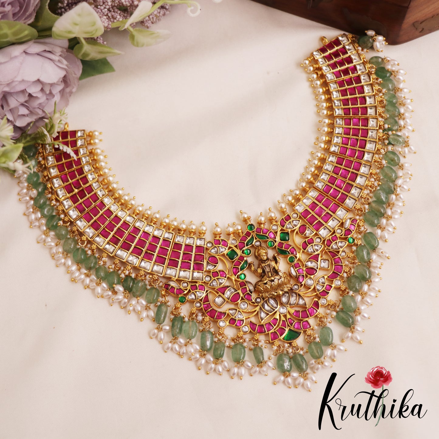 Gorgeous Lakshmi Motifs Jadau Necklace With Green Bead Drops NC2852