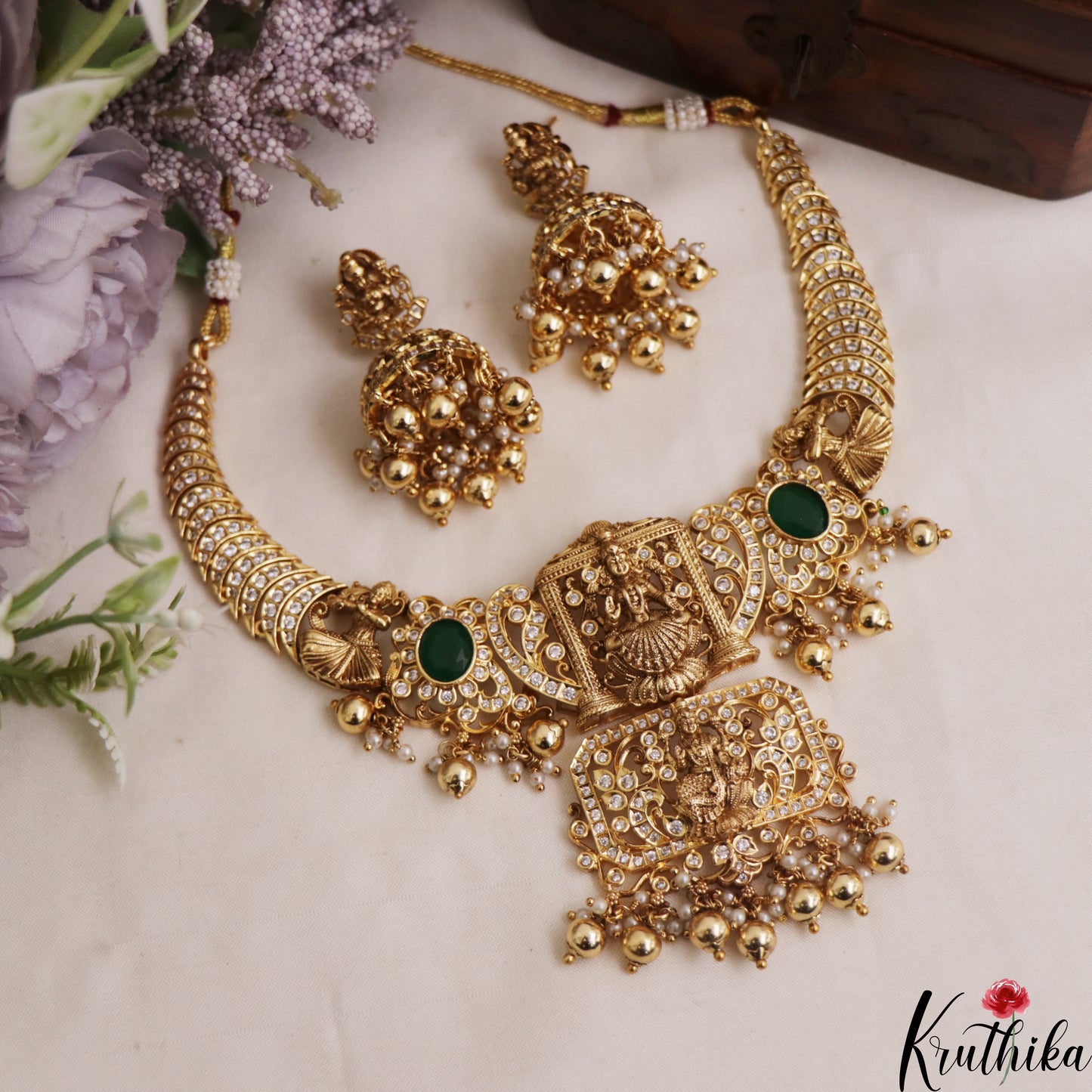 Stunning Antique Lakshmi Floral Motifs Necklace With Bead Drops NC2940 (Available In 2 Colors)