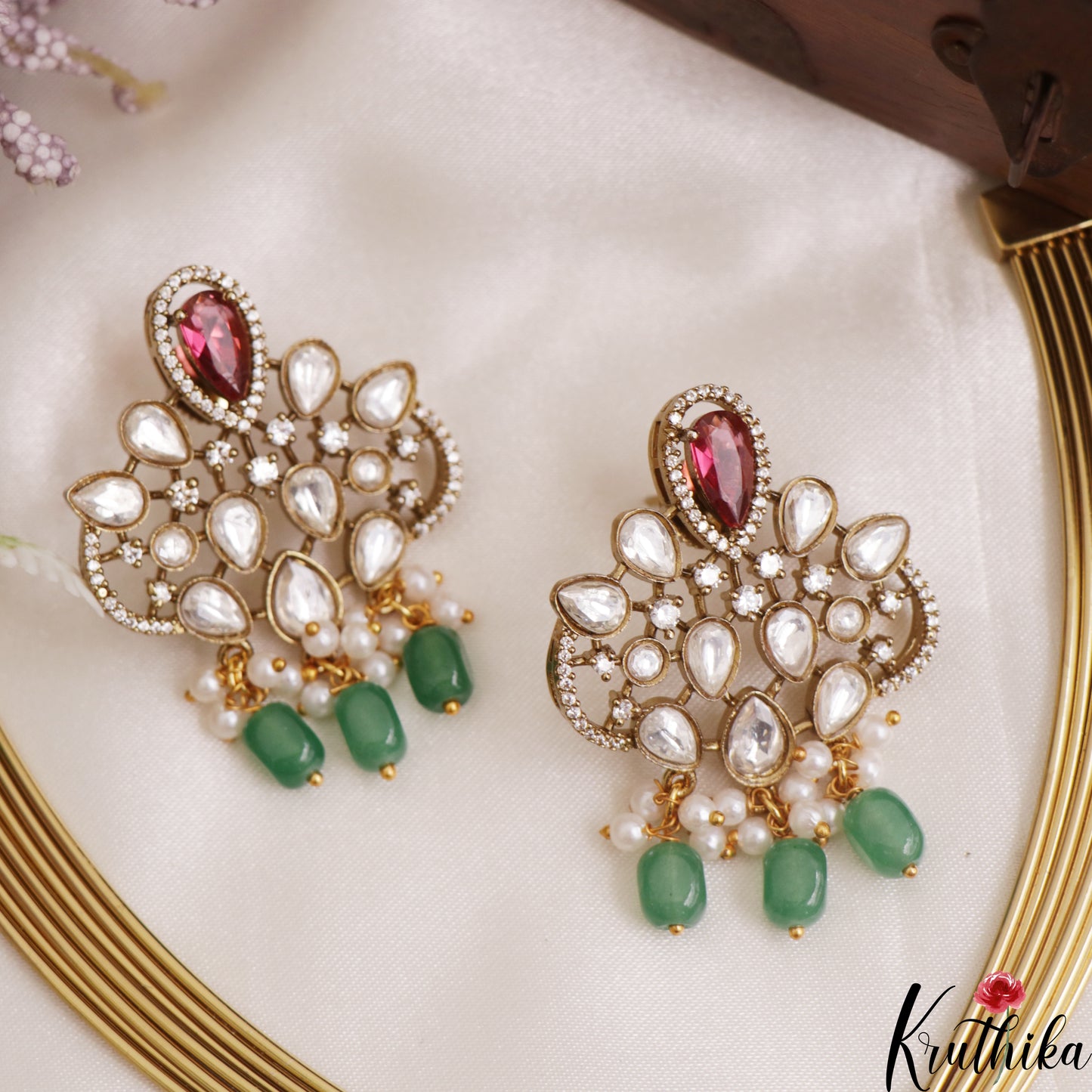 Sparkling Teardrop Motifs Hasli CZ Necklace With Green Bead Drops NC3077