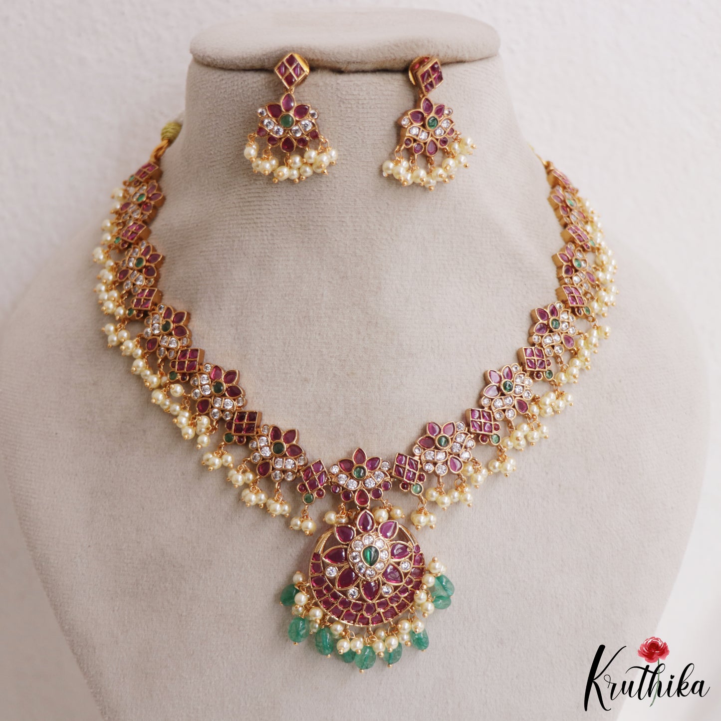 Stunning Floral Motifs Guttapoosalu Necklace With Green Bead Drops NC2961
