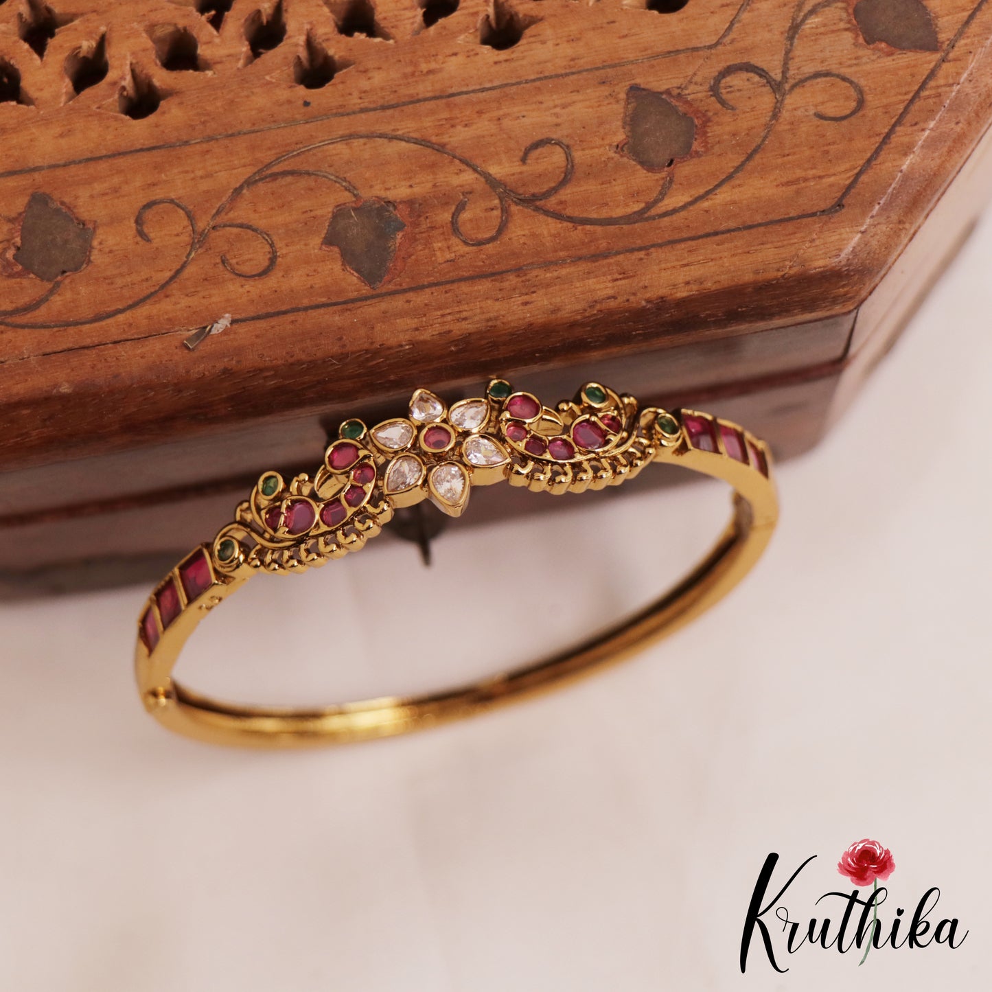Elegant Floral Peacock Motifs Openable Single Kada B500