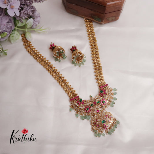 Grand Bridal Kasu Jadau Pendant Haaram with Pastel Green Beads Drops LH1947