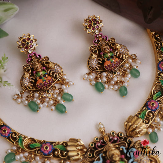 Gorgeous Hand Painted Lakshmi Motifs Necklace With Green Bead Drops NC2713