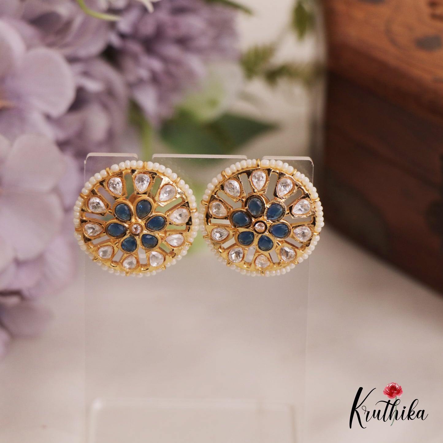 Trendy Pearl Border Floral Motifs AD Stud Earrings E991 (Available In 6 Colors)