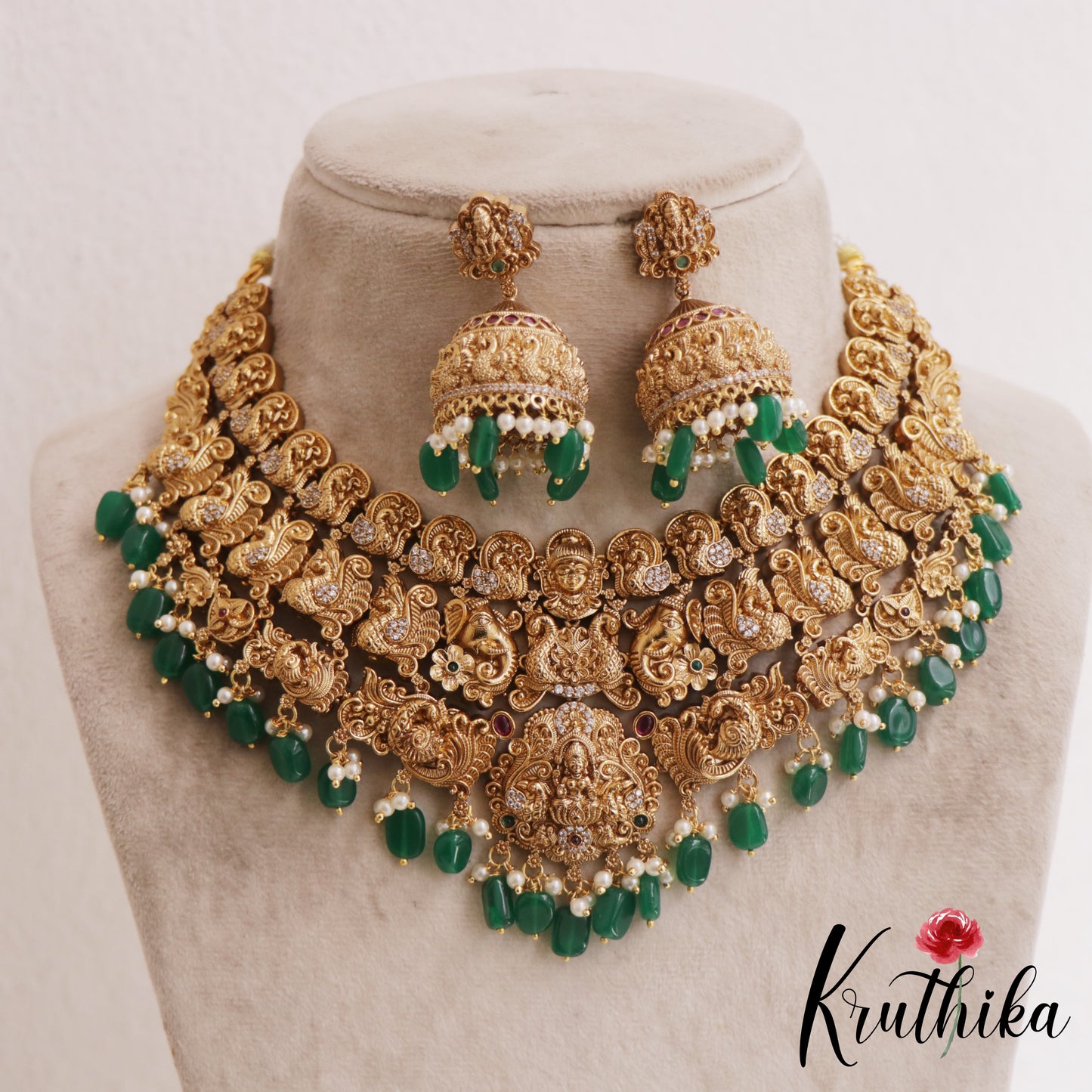 Stunning Antique Nagas Lakshmi Peacock Motifs Temple Choker With Green Bead Drops NC2889