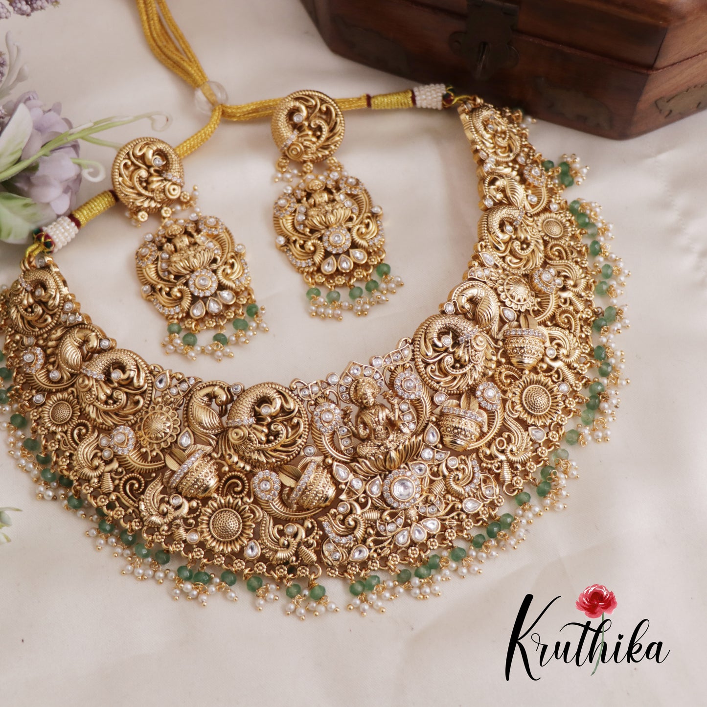 Premium Bridal Lakshmi Bead And Pearl Drops Nakshi Choker Set With Maang Tikka NC2587 (Available In 2 Colors)