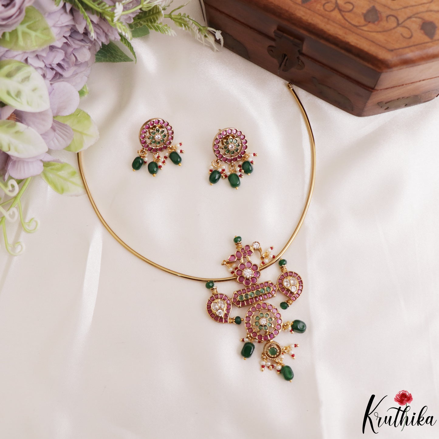 Elegant Floral Mango Motifs Kemp Hasli Choker With Pearl Bead Drops NC3259 (Available In 3 Colors)